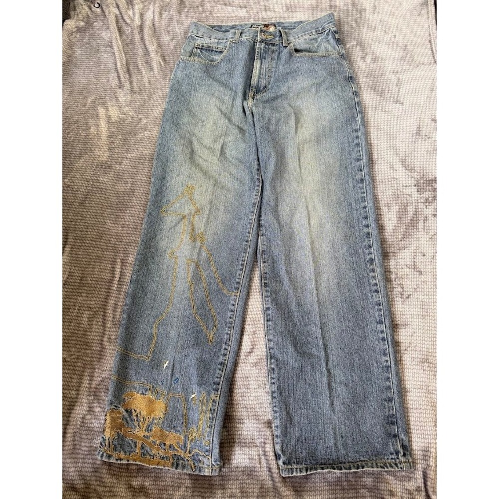 Ak:cess Baggy Wide Leg Jeans Blue Denim Giraffe Savanna Embroidery Mens 32x30